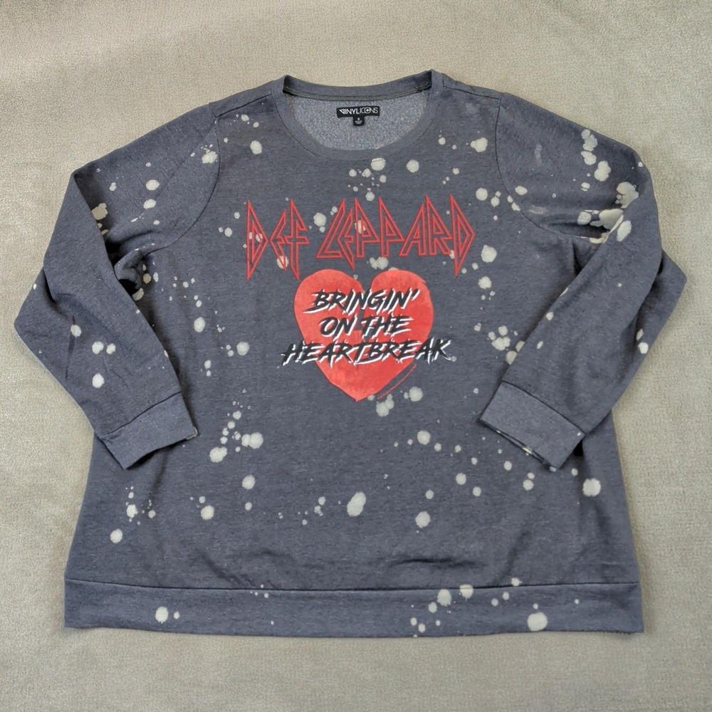 The Vinyl Icons Def Leppard Sweatshirt Womens 3 Gray Bleached Heart Graphic Rock